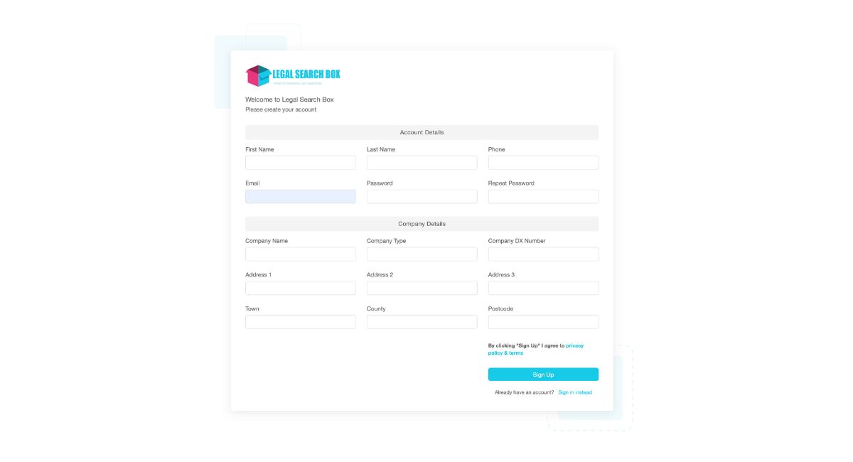 registration form for legal search box